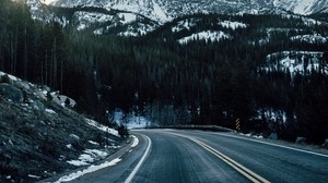 mountains, road, turn, peak, snow