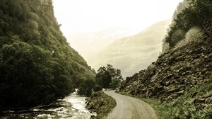 mountains, road, river, trees
