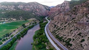 mountains, road, river, top view - wallpapers, picture