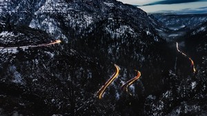 berge, straße, lichtschein, schneebedeckt