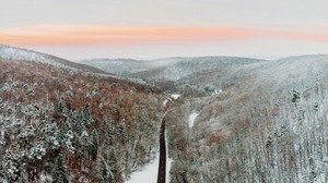 mountains, road, winter, top view, snow - wallpapers, picture