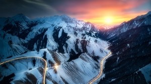 mountains, road, top view, sunset, landscape - wallpapers, picture