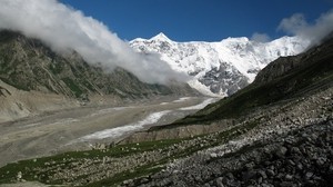 mountains, haze, fog, stones