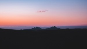 山、地平線、日没、空、霧