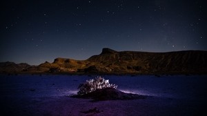mountains, hill, bush, backlight, night, starry sky - wallpapers, picture