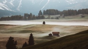 mountains, hills, fog, buildings, trees - wallpapers, picture