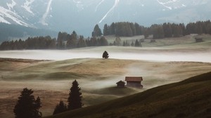 Berge, Hügel, Nebel, Gebäude, Bäume