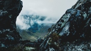 mountains, stones, fog, distance