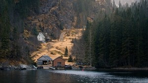 mountains, forest, houses, lake - wallpapers, picture