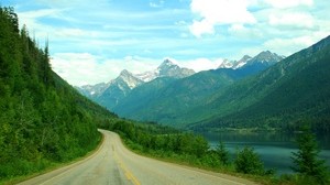 mountains, forest, road, pond