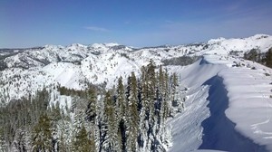 montañas, bosque, tierras bajas, nieve, invierno, cielo, azul, comieron