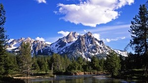 mountains, forest, clouds, water