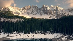 山，森林，湖，雪，岸 - wallpapers, picture