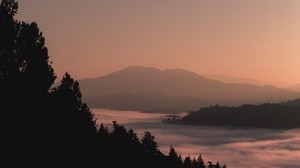 mountains, forest, fog, dusk, outlines