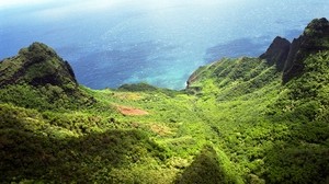 mountains, forest, green, sea, water, blue, land