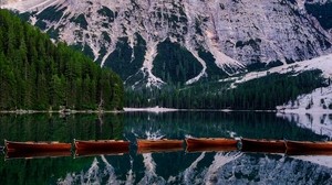 mountains, boats, reflection, landscape
