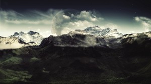 mountains, the moon, clouds, height, colors, colors, shades, gloomy, mysticism