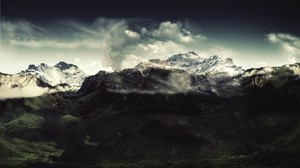 berge, der mond, wolken, höhe, farben, farben, schatten, düster, mystik