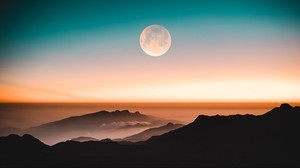 mountains, the moon, fog, peaks, dusk