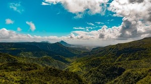 mountains, sky, clouds, top view, forests