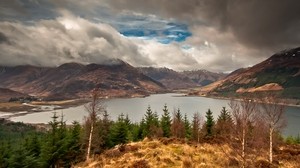 mountains, sky, lake, clouds, thick, forest, coniferous, birch, grass, reared, autumn, view, landscape