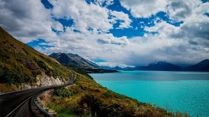 mountains, sky, grass, sea, railway