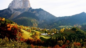 mountains, sky, grass, autumn