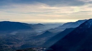 mountains, sky, fog