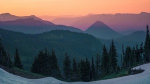 mountains, sky, top view, trees, sunset