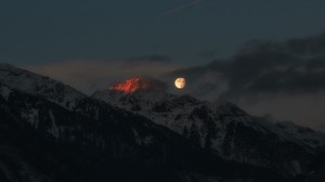mountains, night, moon, full moon, peak