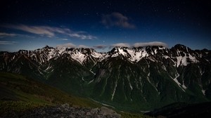 montañas, noche, paisaje, picos, cielo estrellado