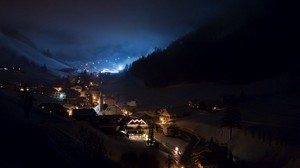 montañas, noche, edificios, luz