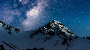 mountains, night, starry sky, milky way, snow - wallpapers, picture