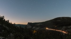 mountains, night, starry sky, stars, sky, top view