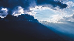 mountains, clouds, rays, fog, foot, dark - wallpapers, picture