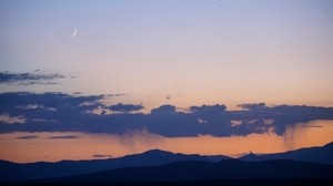 mountains, clouds, the moon, twilight, evening, landscape - wallpapers, picture