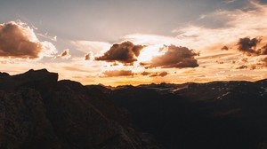 山、雲、空、日没