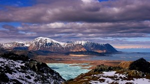 mountains, clouds, lake, height, sea, coast, snow, spring, sky - wallpapers, picture