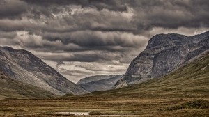 山、雲、曇り、草