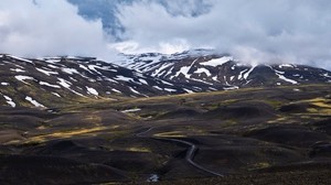mountains, clouds, fog, snow, road, Iceland