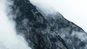 mountains, clouds, fog, slopes, vegetation