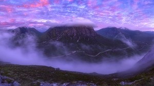 mountains, clouds, peak, scotland, pink
