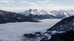 mountains, clouds, peaks, top view, sky