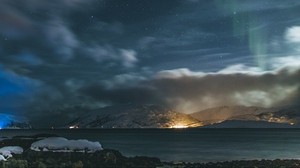 montañas, nubes, cielo estrellado, noche, aurora, paisaje