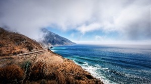 mountains, ocean, fog, coast, california, bay