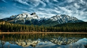 mountains, reflection, forest, canada, colors