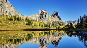 mountains, reflection, sky, grass, lake