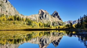 montañas, reflejo, cielo, hierba, lago