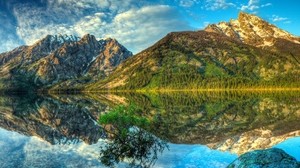 mountains, reflection, sky, peaks