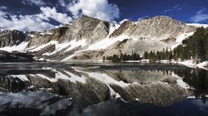 berg, reflektion, snö, sjö, yta